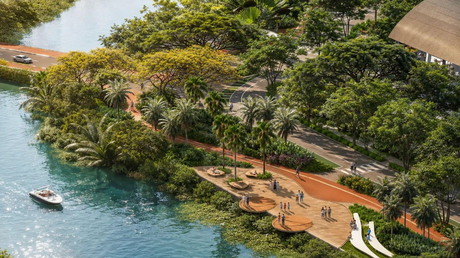 Phối cảnh công viên bờ sông dự án Palm River lúc hoàng hôn