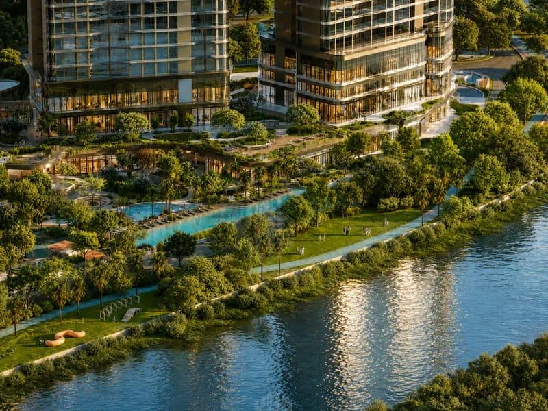 Phối cảnh cận cảnh các tháp căn hộ Palm River bên sông Giồng Ông Tố do Hướng Việt Holdings phát triển
