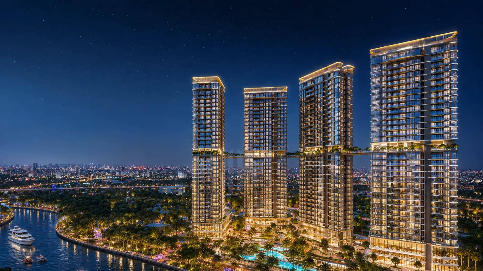 Phối cảnh 4 tháp căn hộ Palm River bên sông Giồng Ông Tố về đêm