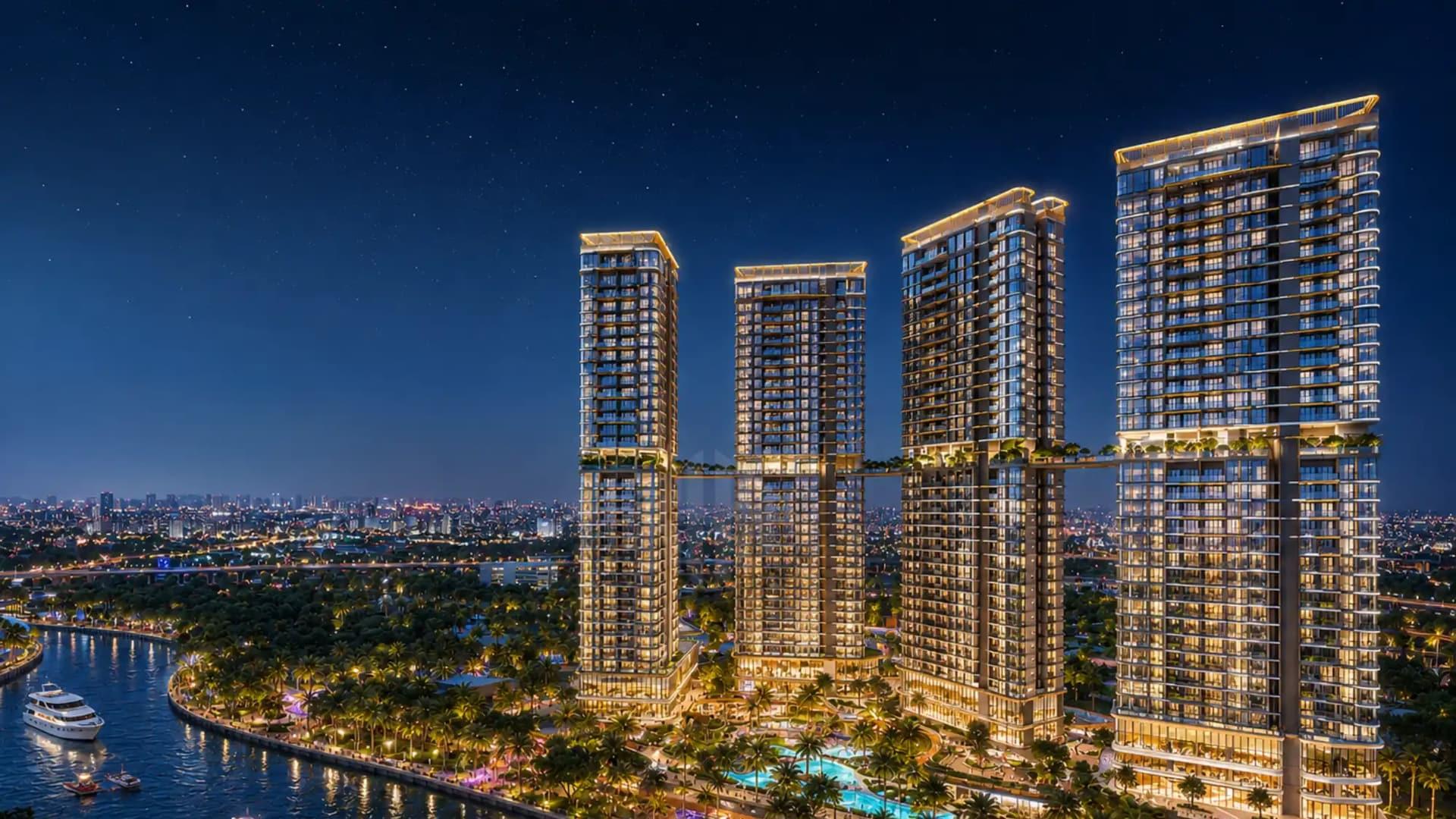 Phối cảnh 4 tháp căn hộ Palm River bên sông Giồng Ông Tố về đêm