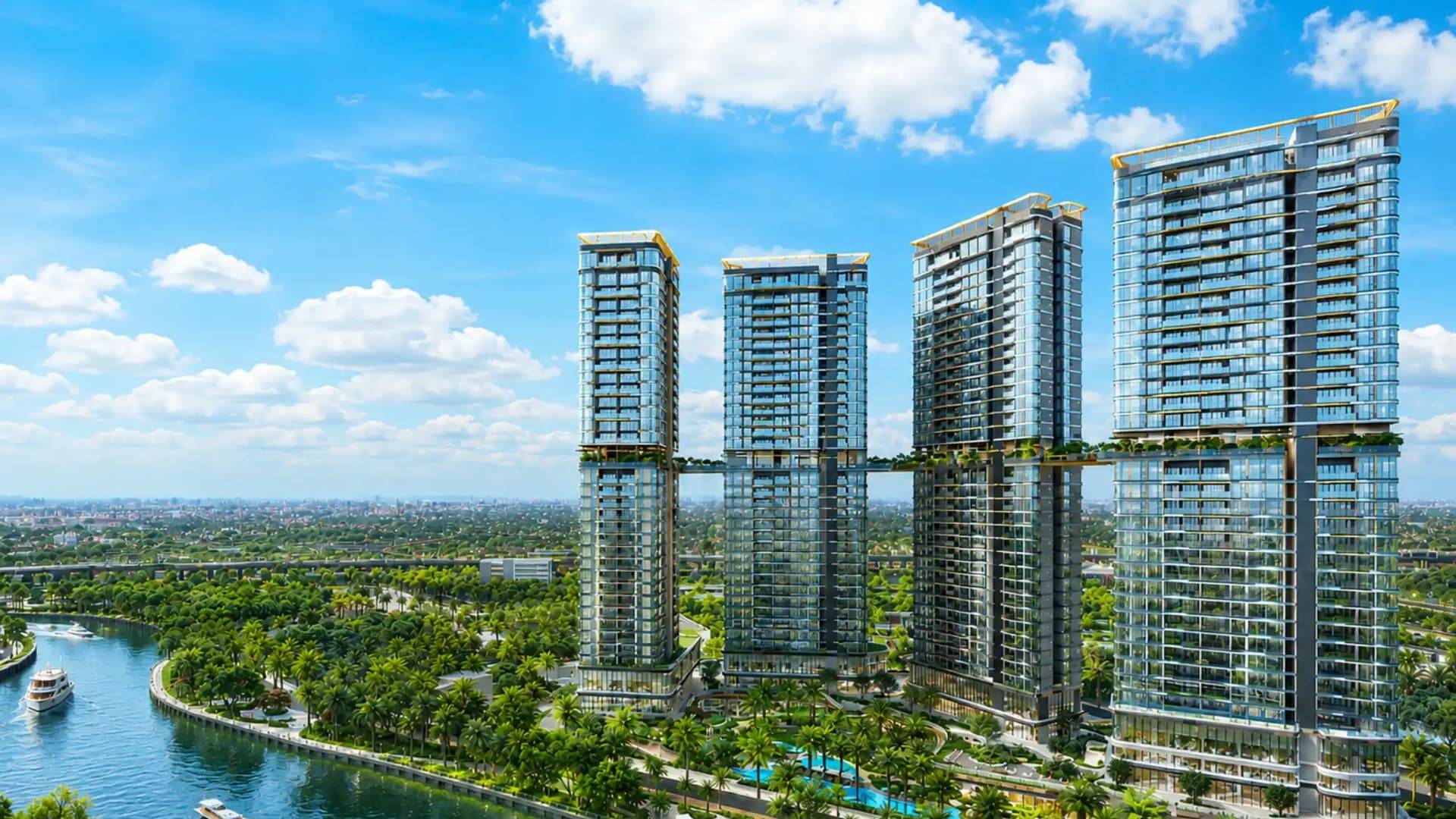 Phối cảnh 4 tháp căn hộ Palm River bên sông Giồng Ông Tố trong khu đô thị Palm City
