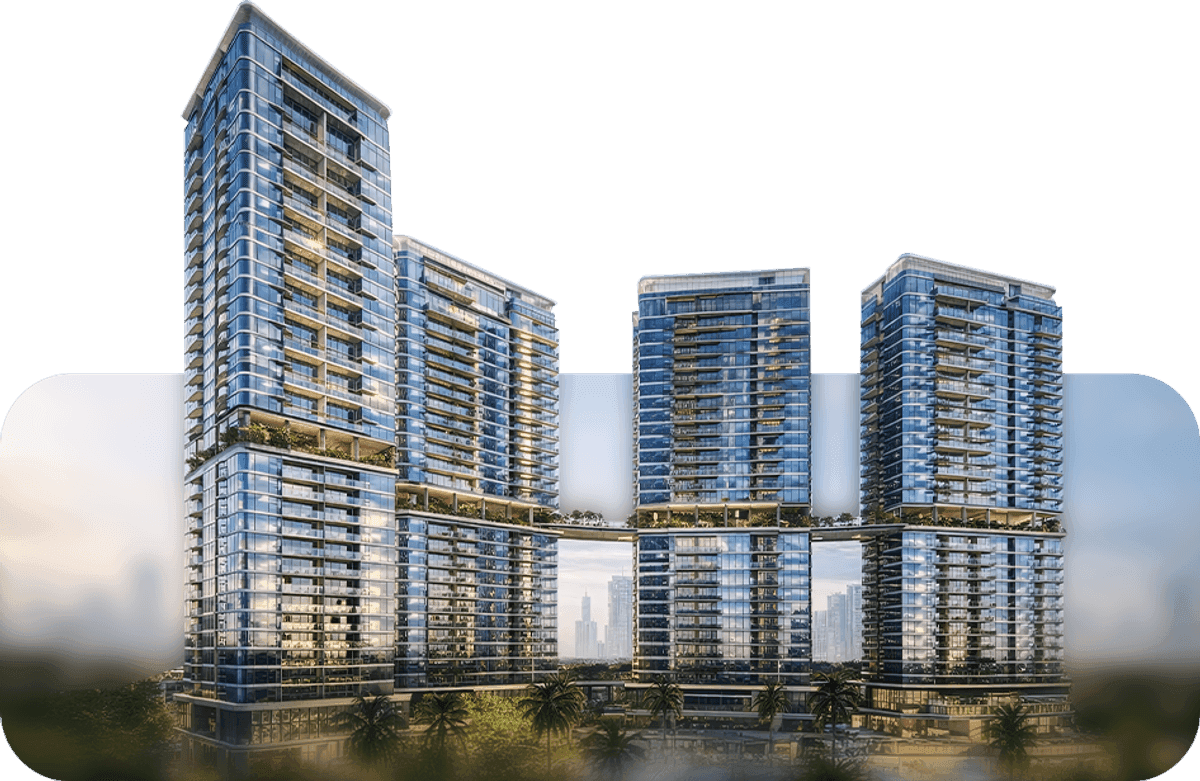 Phối cảnh 4 tháp căn hộ Palm River với cầu skybridge trên cao nối các tháp, nhìn từ hướng sông Giồng Ông Tố